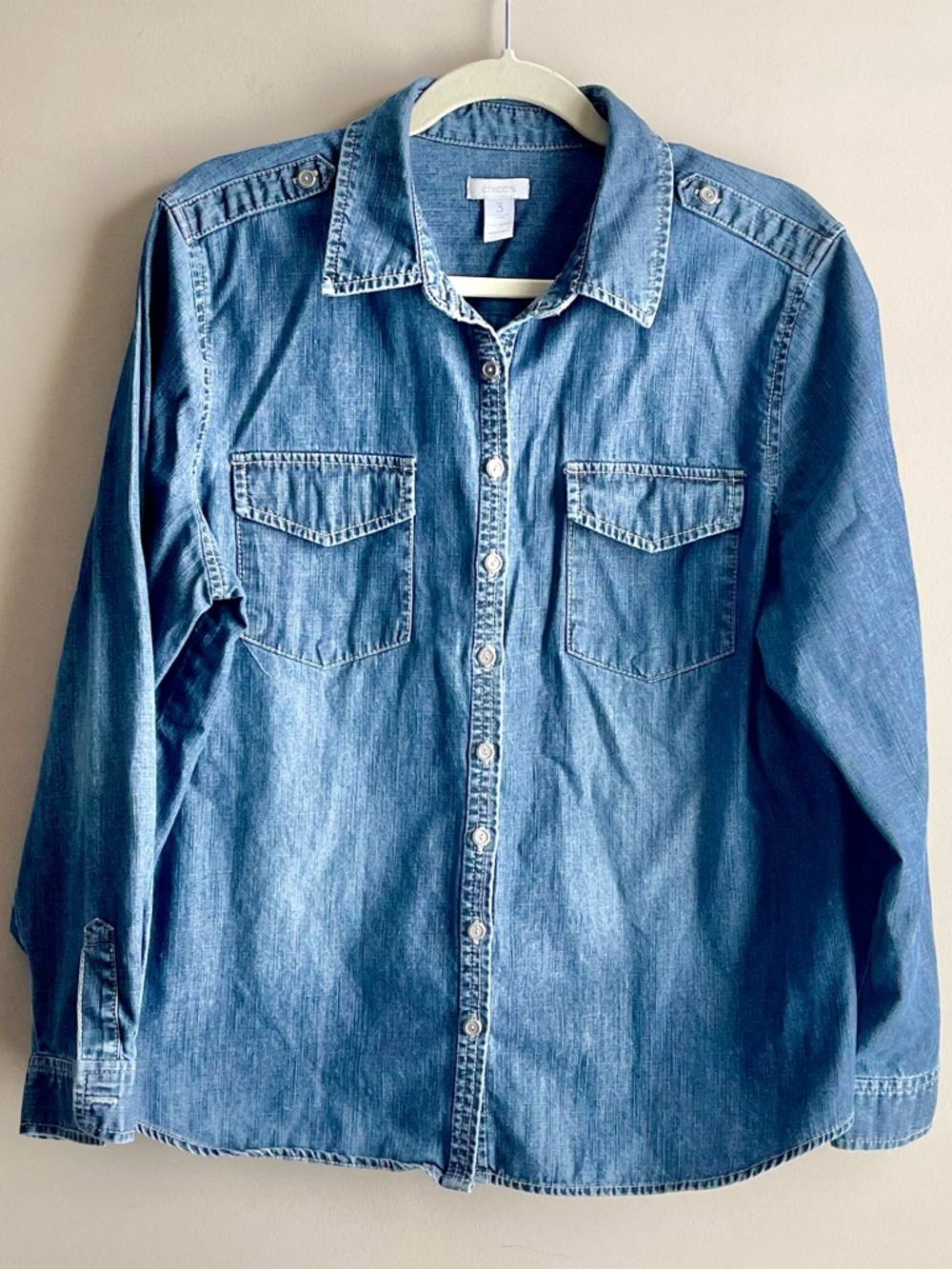 Chico's Blue 100% Cotton Denim Button-Down Shirt